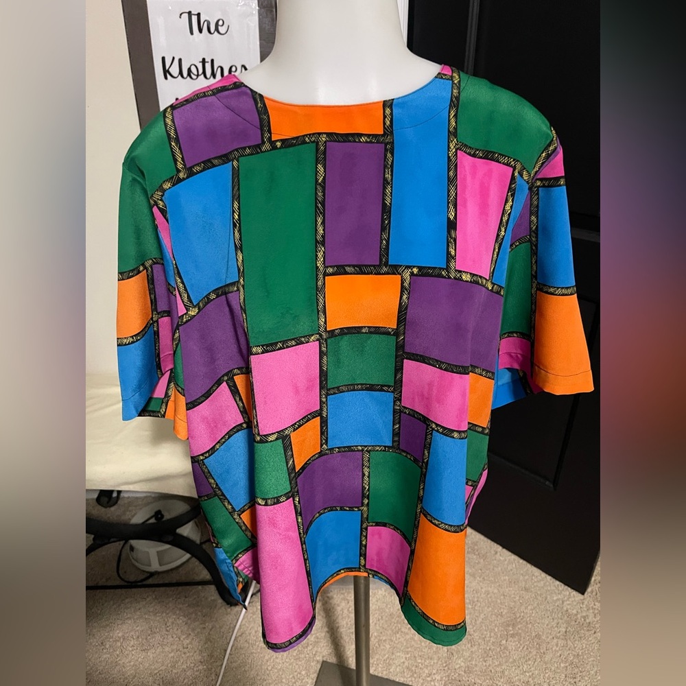 Kathy Che 80s Vintage Multicolor Abstract Short Sleeve Retro Blouse - Picture 2 of 4